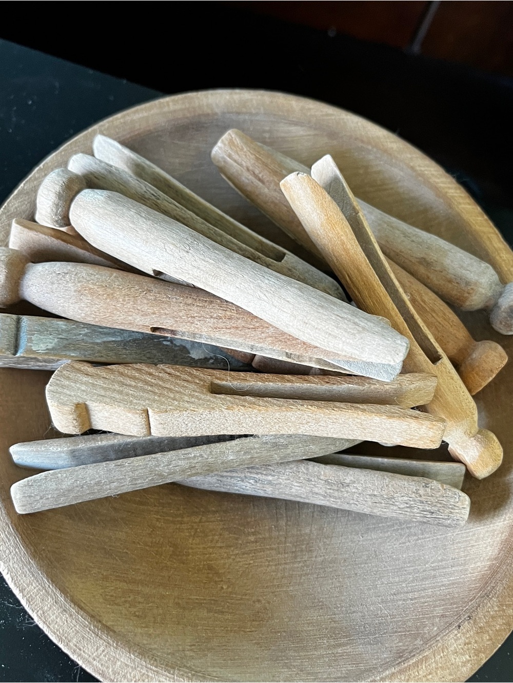 Munsing Wood Small “Dough” Bowl Antique with Antique Clothespins -